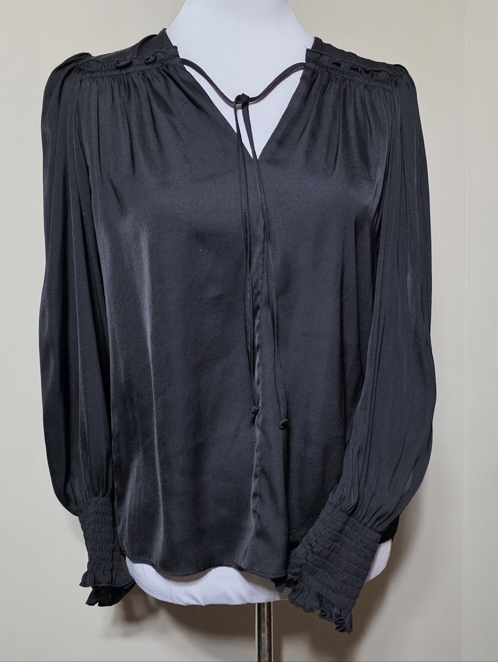 Philosophy Womens Black Long Sleeve V Neck Tie Peasant Dress Blouse XLarge